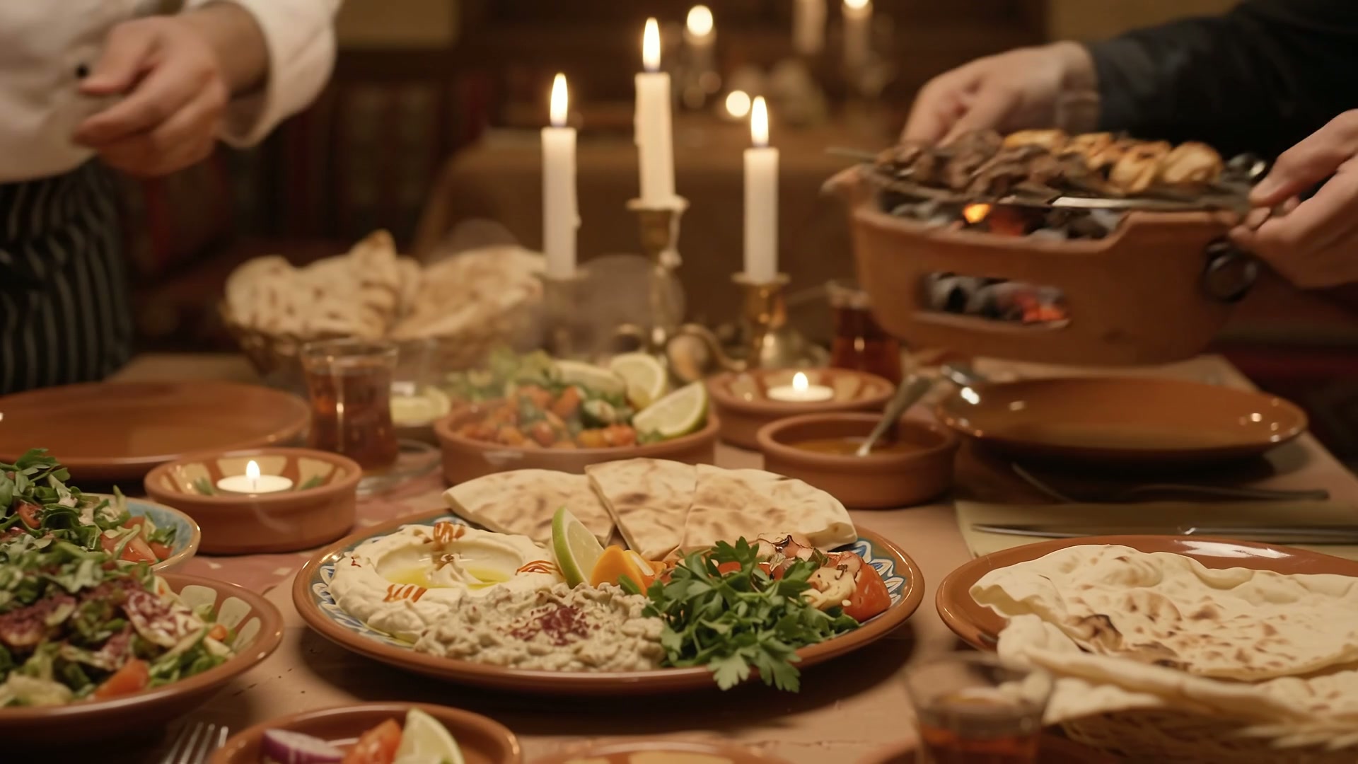 Lebanese mezze, fresh bread, and grilled skewers over glowing coals at Layali Miami