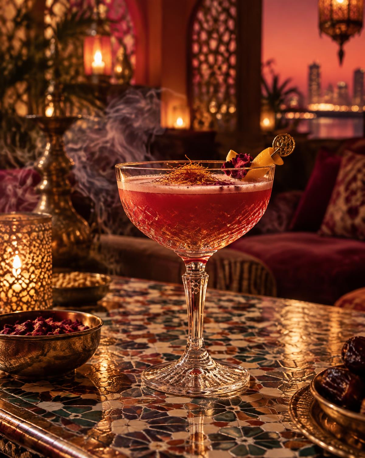 Ruby cocktail on an ornate mosaic table