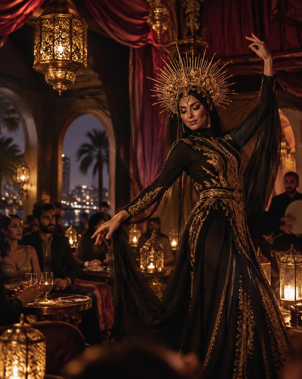An Arabic performer beneath golden lanterns