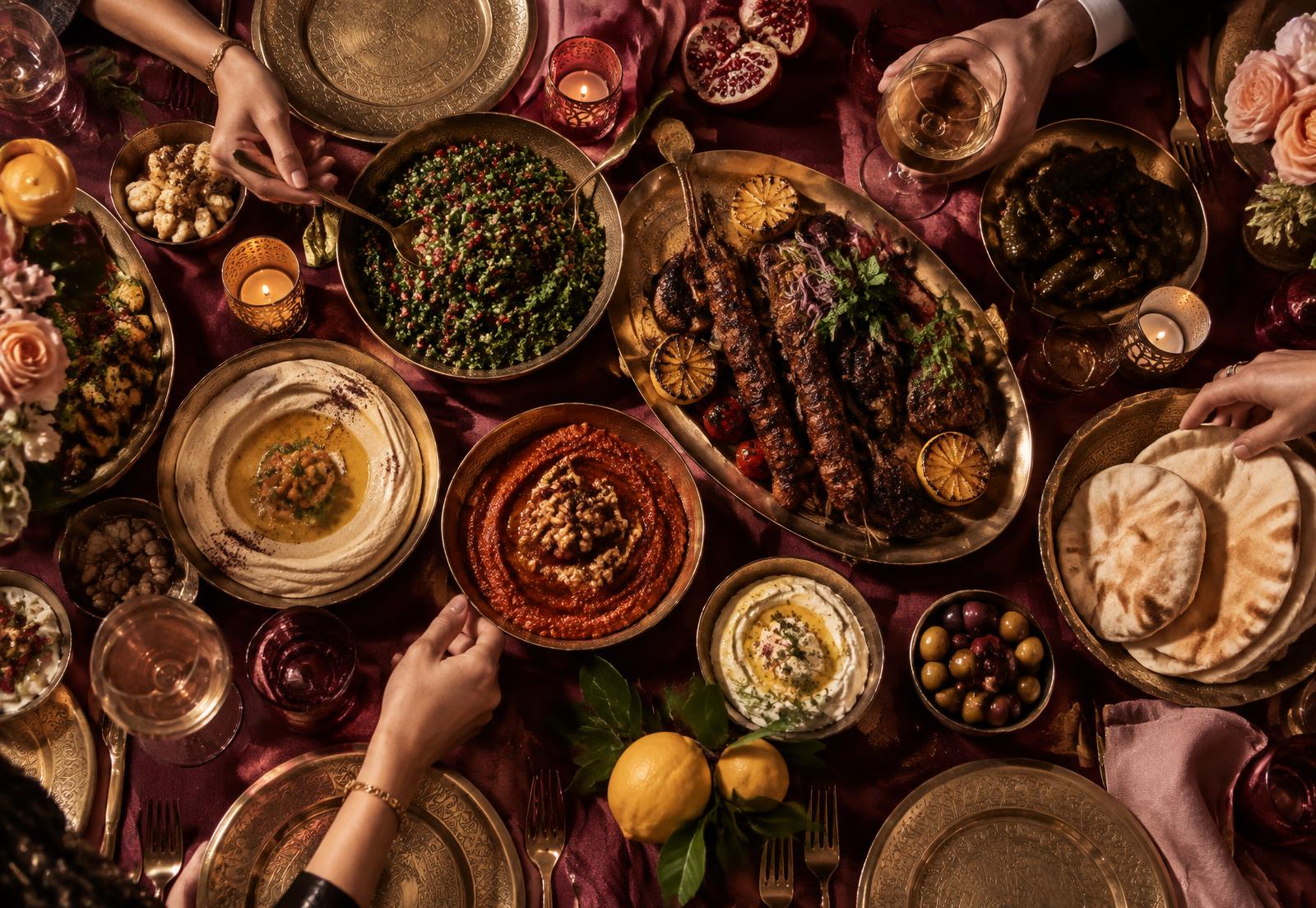 Lebanese feast of mezze and grilled dishes arranged for sharing